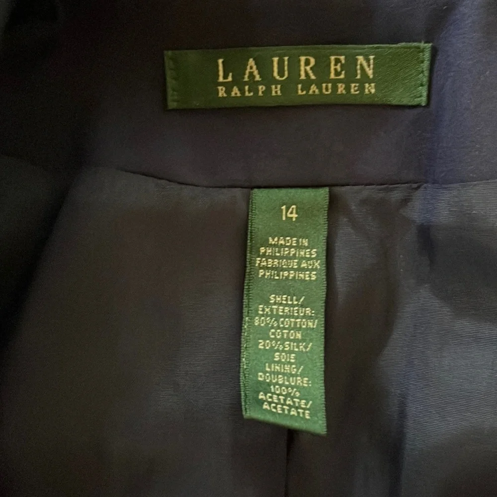 Ralph Lauren Navy Blue Silk‎ Blend Button Front Jacket & Silver Button Size: 14